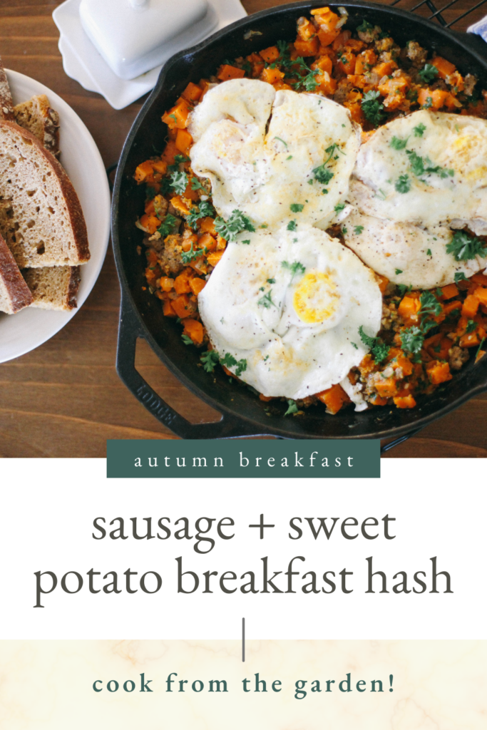 Pinnable image of breakfast hash in a cast iron skillet with text explaining where to find the recipe