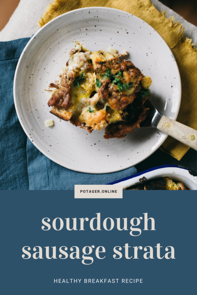 Pinnable image with information on where to get the printable recipe for Sourdough Sausage Breakfast Strata