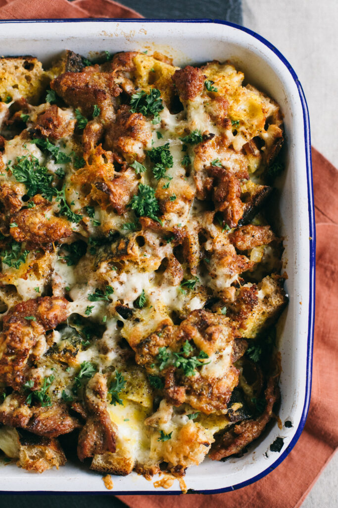 Photo of a Breakfast Strata with Sourdough Bread and Sausage