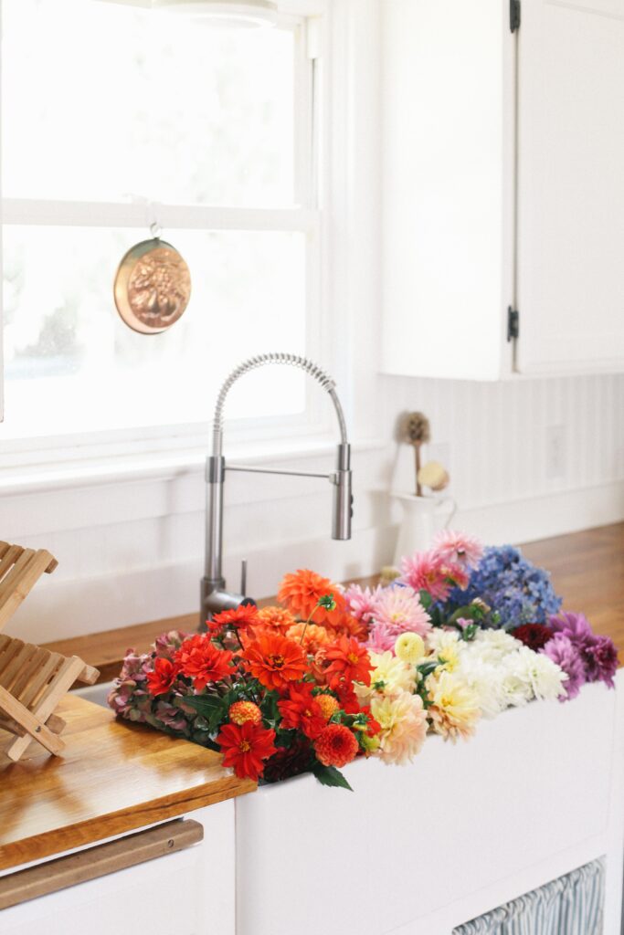 Image of a white farmhouse sink full of dahlias in a farmhouse white kitchen