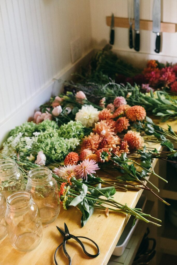 Image of garden flowers lying on a counter