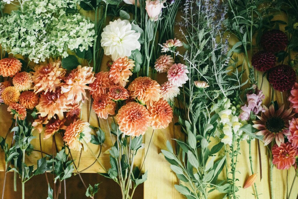 Image of garden flowers laid out on a butcher block counter