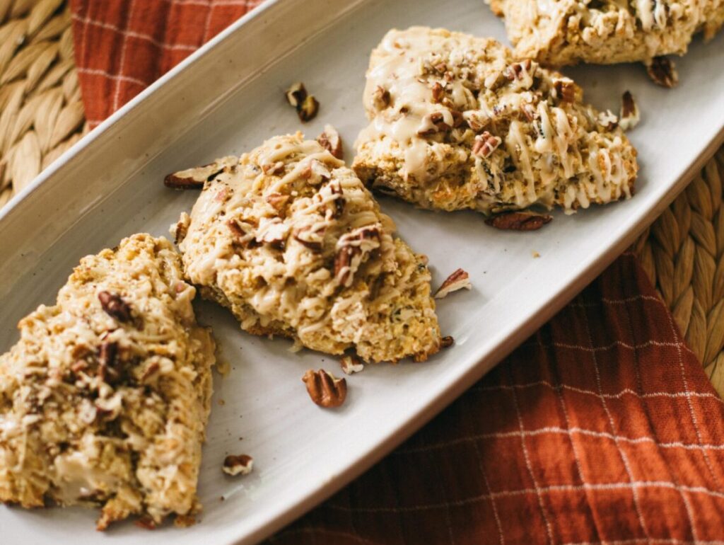 Image of einkorn maple pecan scones on a platter