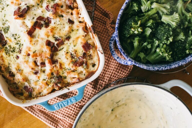 Image of homemade gluten-free mac & cheese with broccoli and mornay sauce