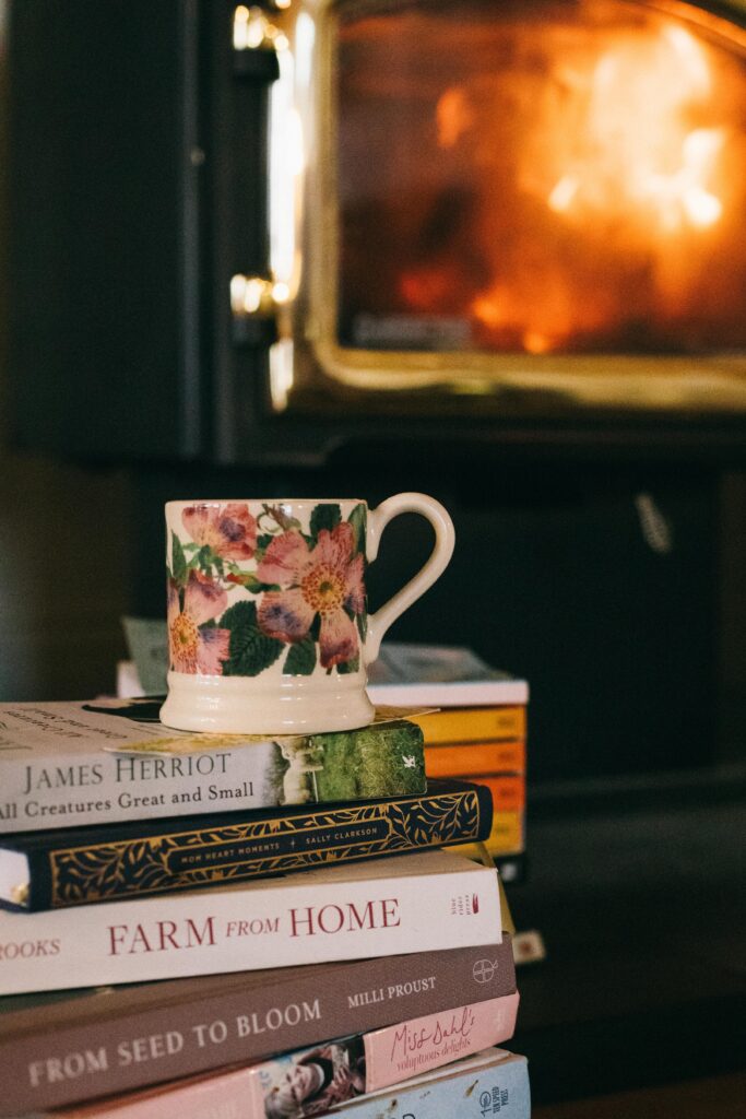 Image of a stack of book and Emma Bridgewater dog rose cup by a wood stove